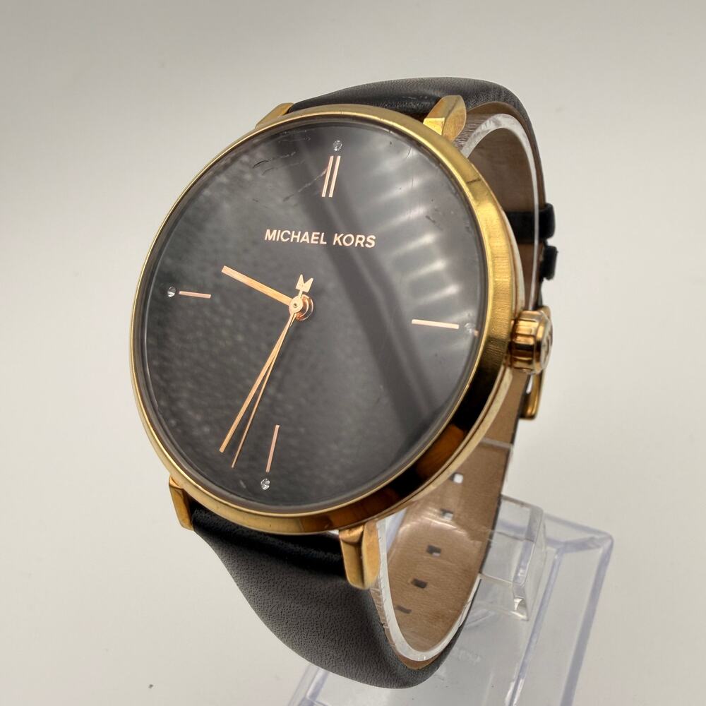 Michael Kors Jayne Minimalist Gold Tone Black Leather Watch Working New Battery